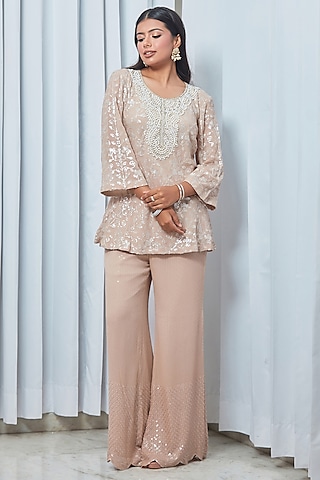 Nude Georgette Sequins Embroidered Co-Ord Set by Saaj By Ankita