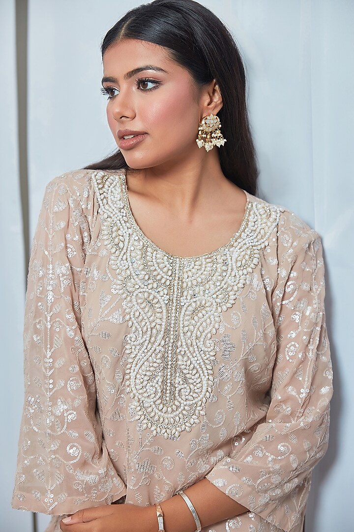Nude Georgette Sequins Embroidered Co-Ord Set by Saaj By Ankita at Pernia's Pop Up Shop
