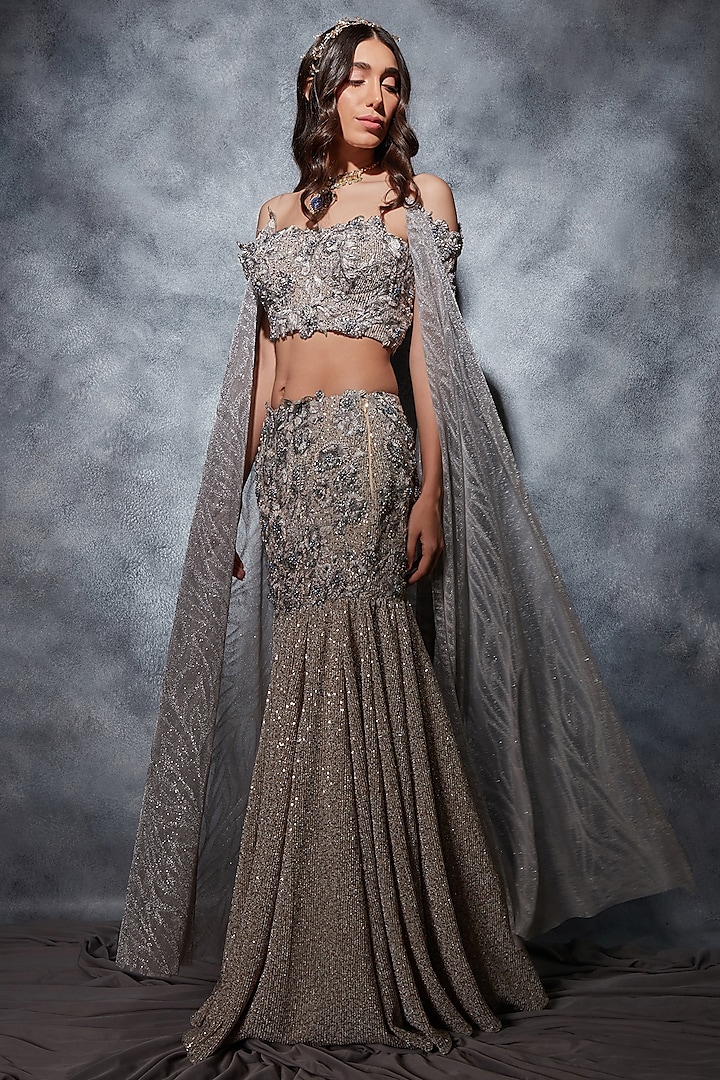 Silver Georgette Sequins Embroidered Mermaid Lehenga Set by Saaj By Ankita