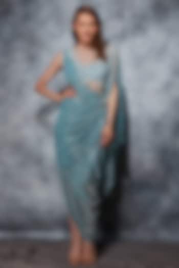 Sky Blue Crinkled Net 3D Sequins Embroidered Draped Gown Saree by Saaj By Ankita