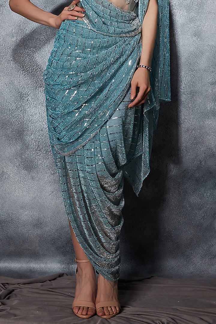 Sky Blue Crinkled Net 3D Sequins Embroidered Draped Wedding Gown Saree by Saaj By Ankita at Pernia's Pop Up Shop