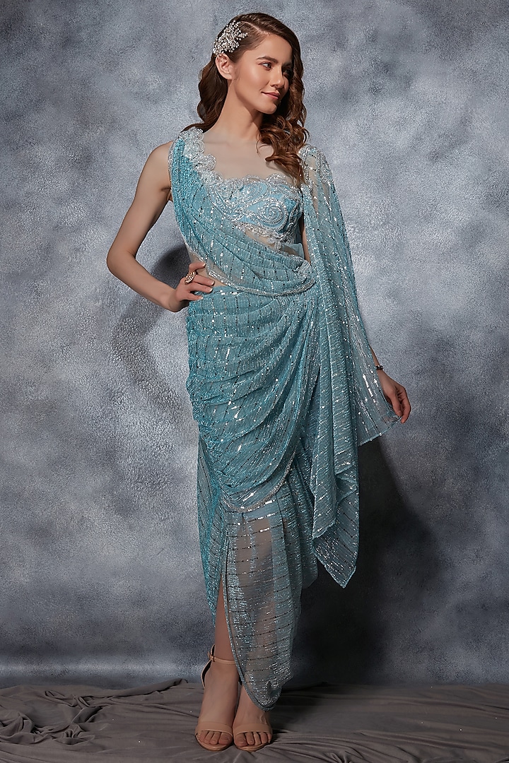 Sky Blue Crinkled Net 3D Sequins Embroidered Draped Wedding Gown Saree by Saaj By Ankita at Pernia's Pop Up Shop