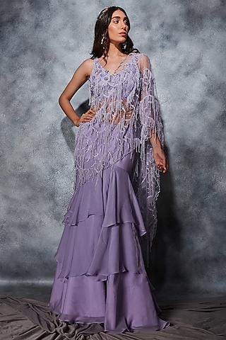 Mauve Silk Chiffon Sequins Embroidered Layered Lehenga Saree Set by Saaj By Ankita