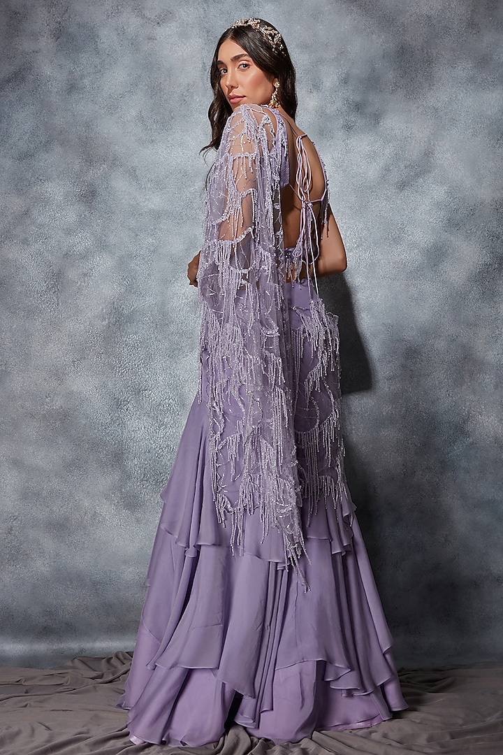 Mauve Silk Chiffon Sequins Embroidered Layered Wedding Lehenga Saree Set by Saaj By Ankita at Pernia's Pop Up Shop