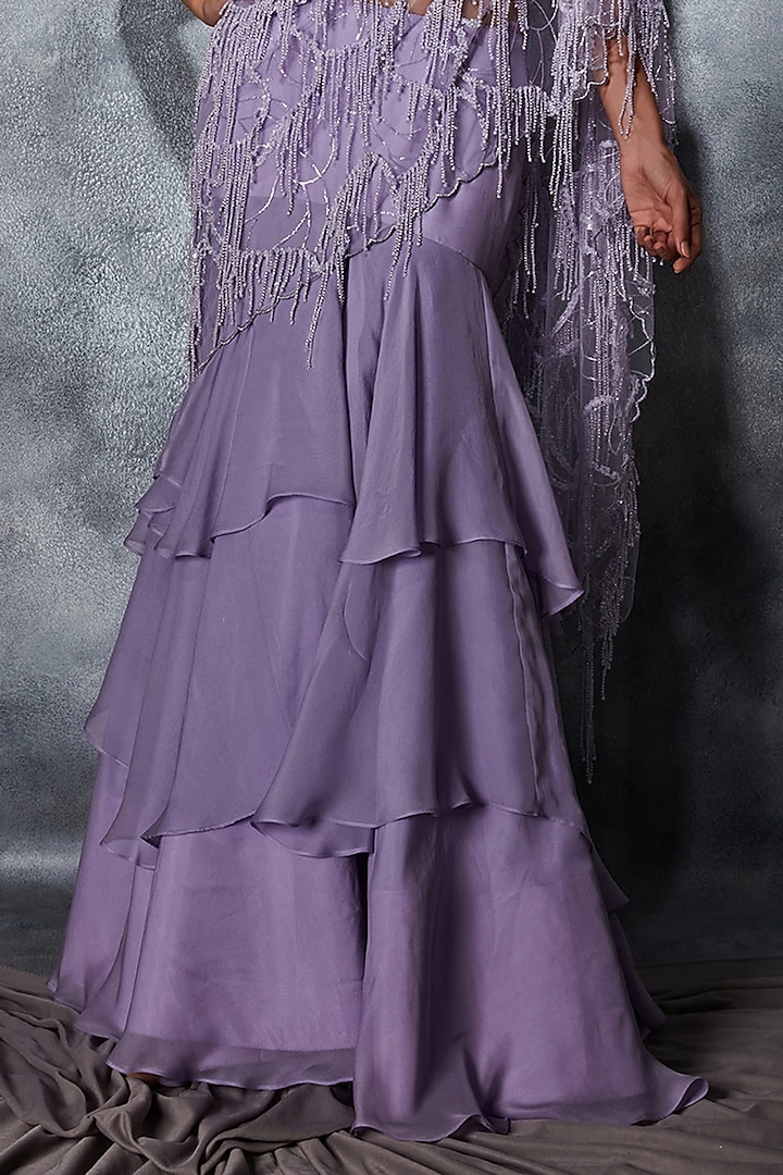Mauve Silk Chiffon Sequins Embroidered Layered Wedding Lehenga Saree Set by Saaj By Ankita at Pernia's Pop Up Shop
