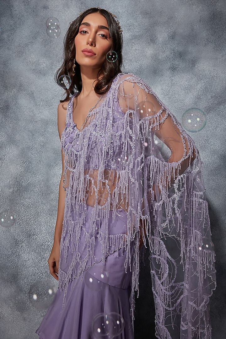 Mauve Silk Chiffon Sequins Embroidered Layered Wedding Lehenga Saree Set by Saaj By Ankita at Pernia's Pop Up Shop