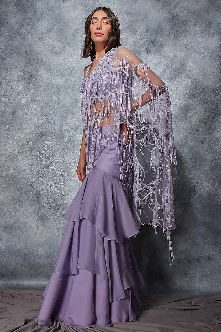 Mauve Silk Chiffon Sequins Embroidered Layered Wedding Lehenga Saree Set by Saaj By Ankita at Pernia's Pop Up Shop