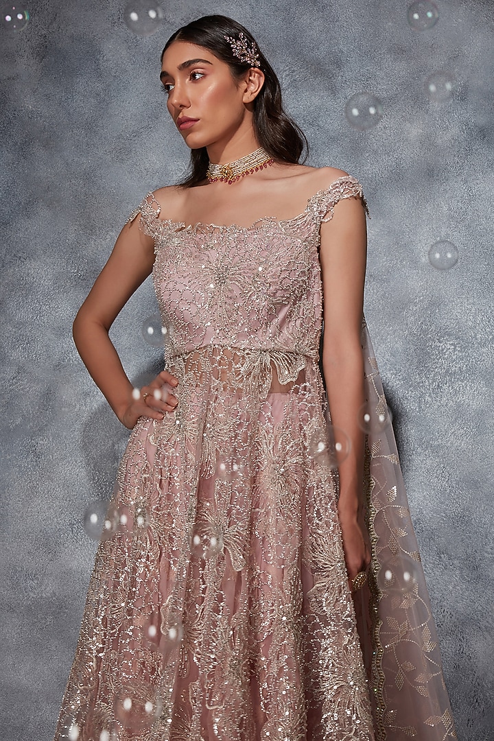 Blush Pink Georgette Sequins Embroidered Jacket Wedding Lehenga Set by Saaj By Ankita at Pernia's Pop Up Shop