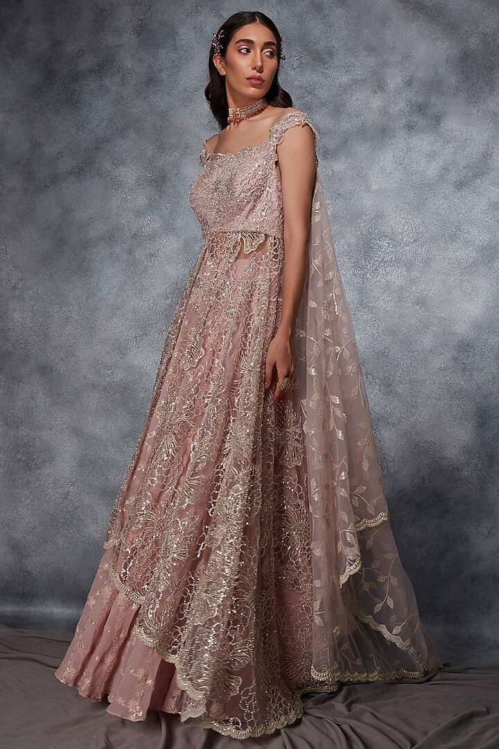 Blush Pink Georgette Sequins Embroidered Jacket Wedding Lehenga Set by Saaj By Ankita at Pernia's Pop Up Shop
