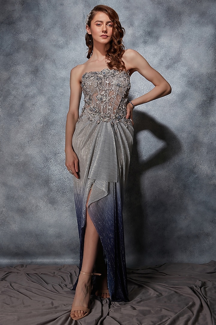 Grey Crinkled Metallic Georgette Sequins Embroidered Corset Gown by Saaj By Ankita at Pernia's Pop Up Shop