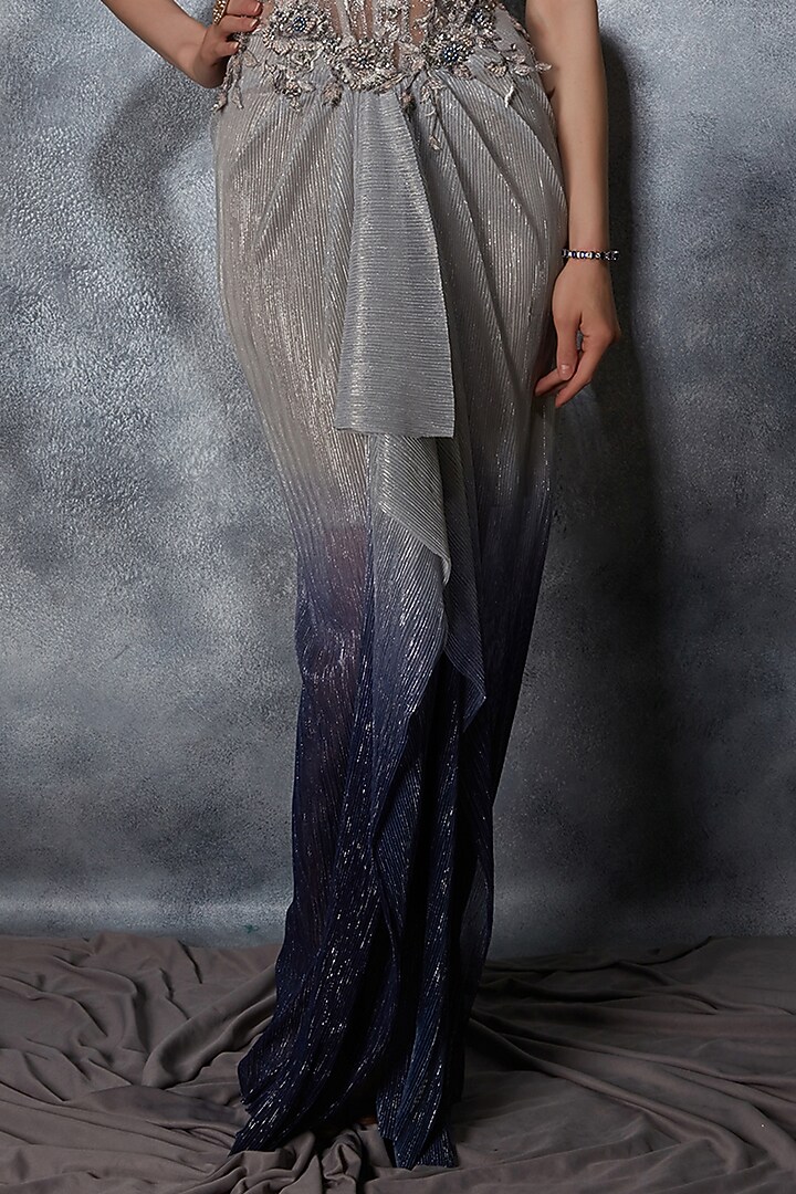 Grey Crinkled Metallic Georgette Sequins Embroidered Corset Engagement Gown by Saaj By Ankita at Pernia's Pop Up Shop