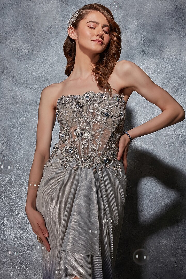 Grey Crinkled Metallic Georgette Sequins Embroidered Corset Engagement Gown by Saaj By Ankita at Pernia's Pop Up Shop