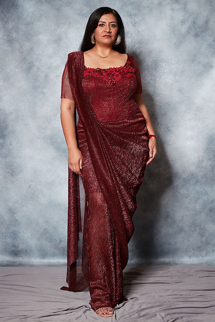 Maroon Crinkle Tulle Georgette Sequins Embroidered Draped Saree Set by Saaj By Ankita