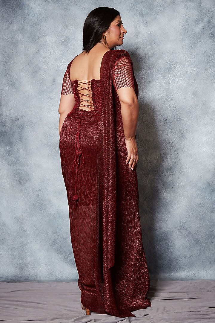 Maroon Crinkle Tulle Georgette Sequins Embroidered Draped Wedding Saree Set by Saaj By Ankita at Pernia's Pop Up Shop
