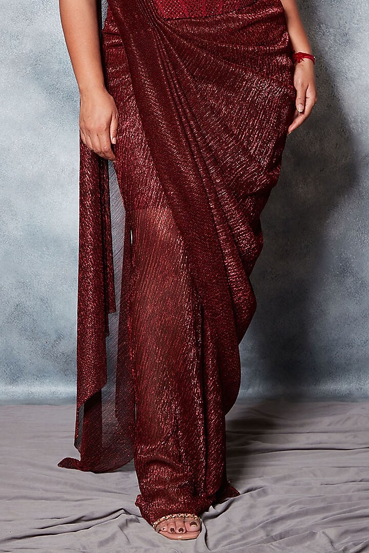 Maroon Crinkle Tulle Georgette Sequins Embroidered Draped Wedding Saree Set by Saaj By Ankita at Pernia's Pop Up Shop