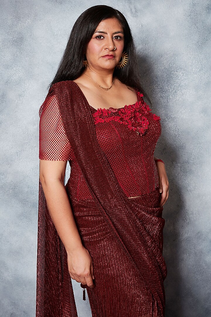 Maroon Crinkle Tulle Georgette Sequins Embroidered Draped Wedding Saree Set by Saaj By Ankita at Pernia's Pop Up Shop