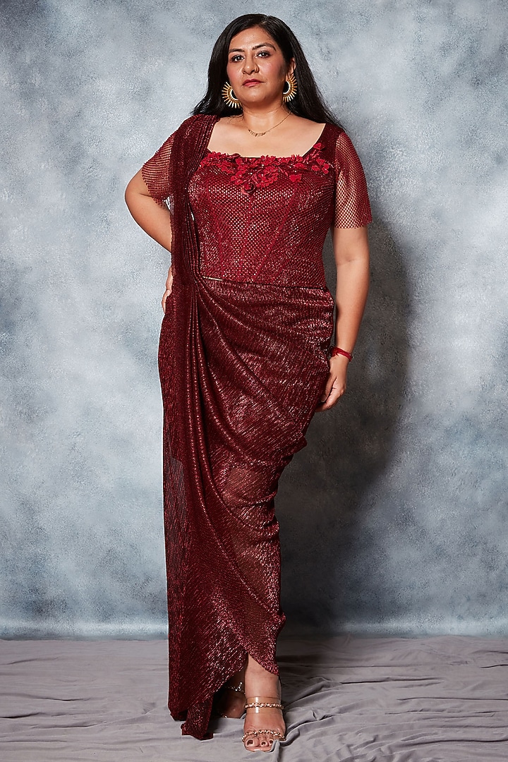 Maroon Crinkle Tulle Georgette Sequins Embroidered Draped Wedding Saree Set by Saaj By Ankita at Pernia's Pop Up Shop