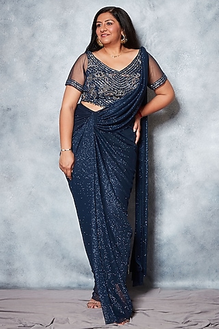 Cobalt Blue Glitter Jersey Beads Embroidered Draped Saree Set by Saaj By Ankita