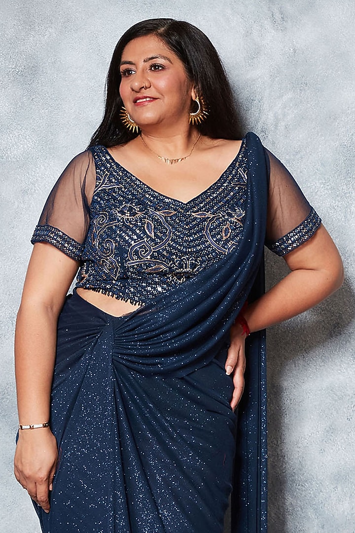 Cobalt Blue Glitter Jersey Beads Embroidered Draped Wedding Saree Set by Saaj By Ankita at Pernia's Pop Up Shop