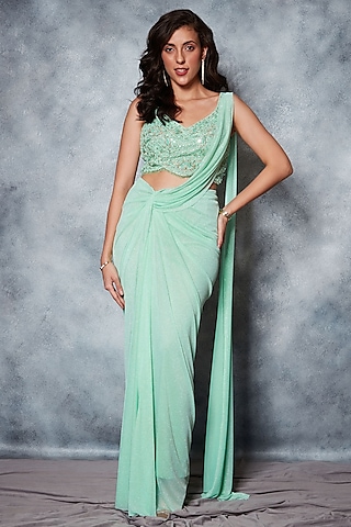 Turquoise Glitter Jersey Beads Embroidered Draped Saree Set by Saaj By Ankita
