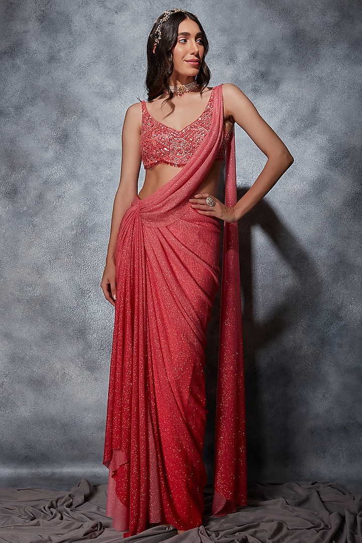 Red Glitter Jersey Beads Embroidered Draped Saree Set by Saaj By Ankita at Pernia's Pop Up Shop