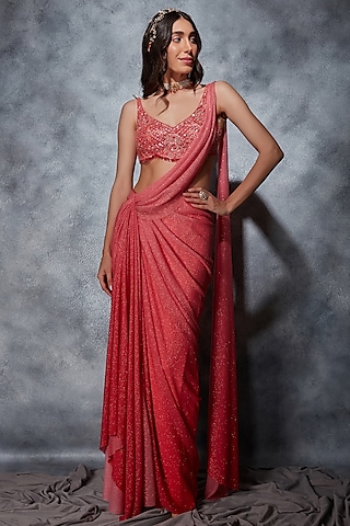 Red Glitter Jersey Beads Embroidered Draped Saree Set by Saaj By Ankita