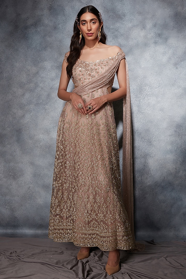 Blush Pink Metallic Crinkled Georgette Mirror Embroidered Anarkali Gown by  Saaj By Ankita at Pernia's Pop Up Shop 2026