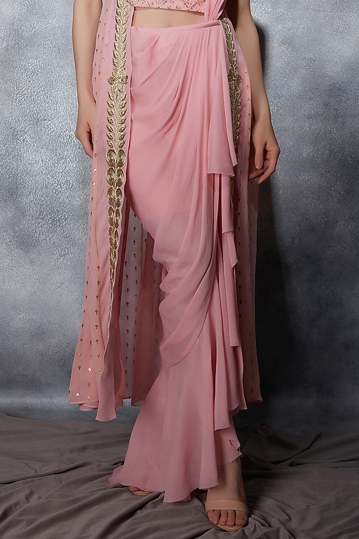 Blush Pink Georgette Zari Embroidered Draped Ruffled Skirt Set by Saaj By Ankita at Pernia's Pop Up Shop