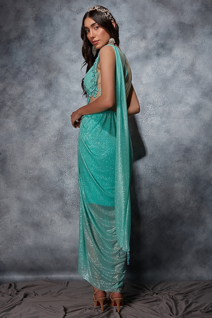 Turquoise Glitter Jersey Floral Embroidered Wedding Gown Saree by Saaj By Ankita at Pernia's Pop Up Shop