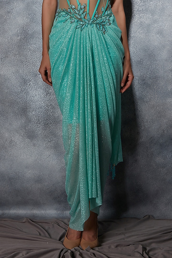 Turquoise Glitter Jersey Floral Embroidered Wedding Gown Saree by Saaj By Ankita at Pernia's Pop Up Shop