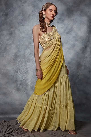 Lime Muskaish Georgette Floral Embroidered Draped Sharara Saree Set by Saaj By Ankita