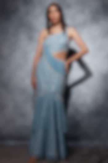 Sky Blue Crinkled Metallic Georgette Sequins Embroidered One-Shoulder Gown Saree by Saaj By Ankita