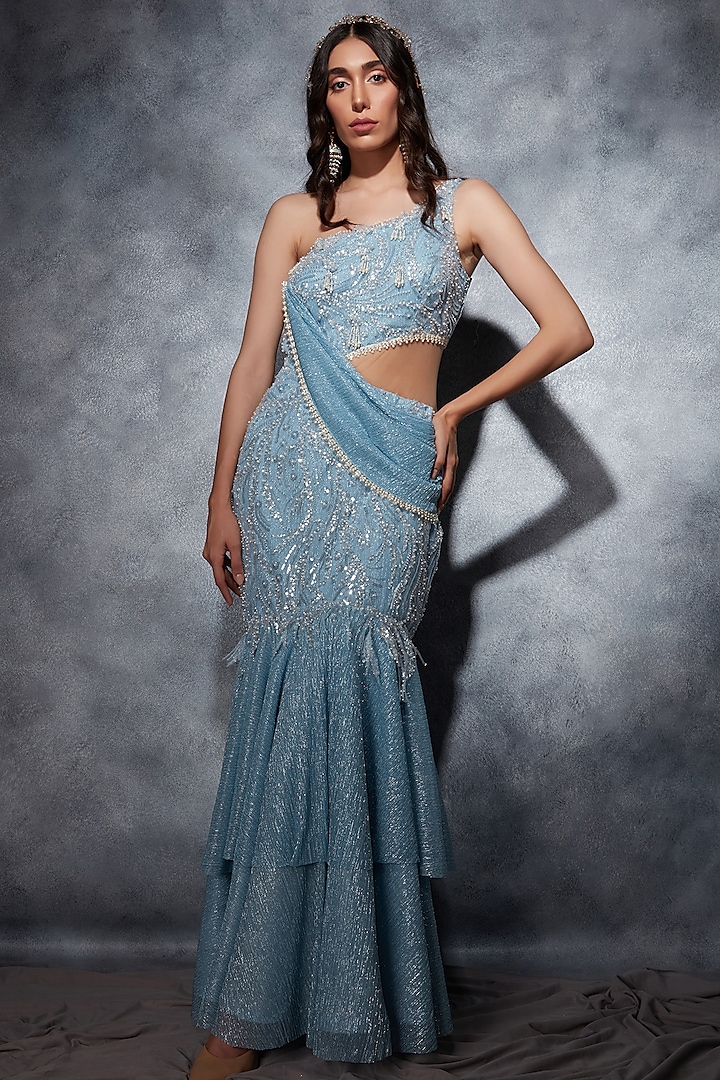 Sky Blue Crinkled Metallic Georgette Sequins Embroidered One-Shoulder Gown Saree by Saaj By Ankita