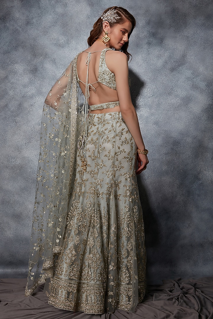 Mint Green Tulle Crystal & Zari Embroidered Mermaid-Cut Bridal Lehenga Set by Saaj By Ankita at Pernia's Pop Up Shop