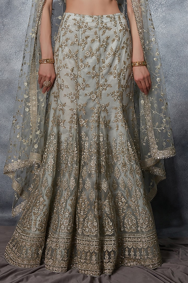 Mint Green Tulle Crystal & Zari Embroidered Mermaid-Cut Bridal Lehenga Set by Saaj By Ankita at Pernia's Pop Up Shop