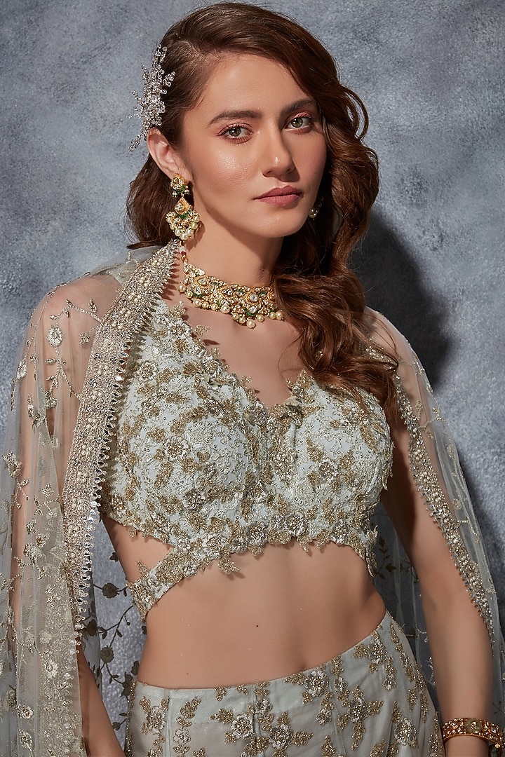 Mint Green Tulle Crystal & Zari Embroidered Mermaid-Cut Bridal Lehenga Set by Saaj By Ankita at Pernia's Pop Up Shop