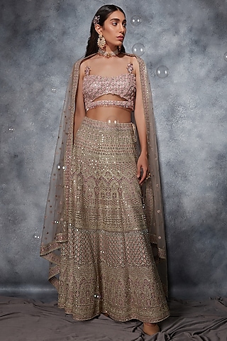 Mauve Tulle Thread & Mirror Embroidered Kalidar Lehenga Set by Saaj By Ankita