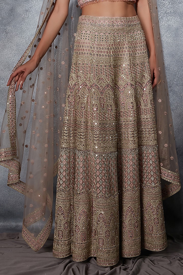 Mauve Tulle Thread & Mirror Embroidered Kalidar Bridal Lehenga Set by Saaj By Ankita at Pernia's Pop Up Shop