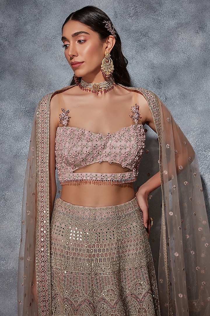 Mauve Tulle Thread & Mirror Embroidered Kalidar Bridal Lehenga Set by Saaj By Ankita at Pernia's Pop Up Shop