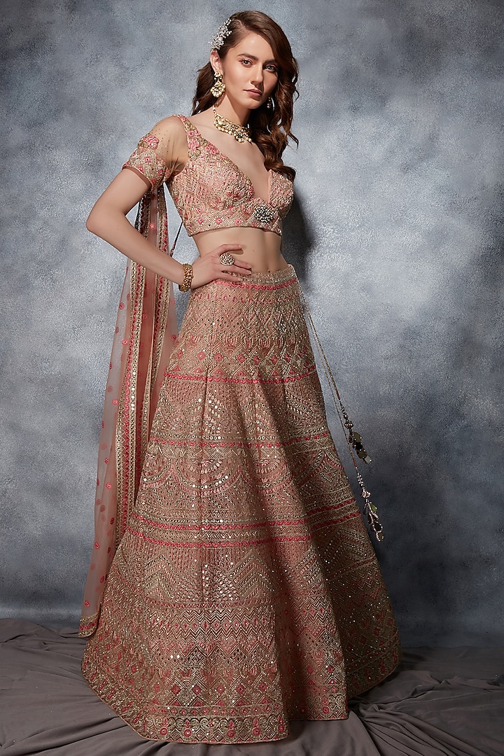 Blush Pink Tulle Thread & Zari Embroidered Lehenga Set by Saaj By Ankita
