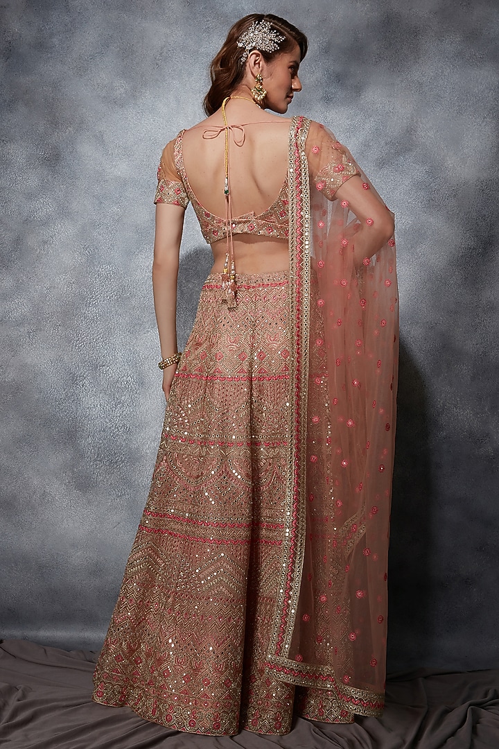 Blush Pink Tulle Thread & Zari Embroidered Bridal Lehenga Set by Saaj By Ankita at Pernia's Pop Up Shop