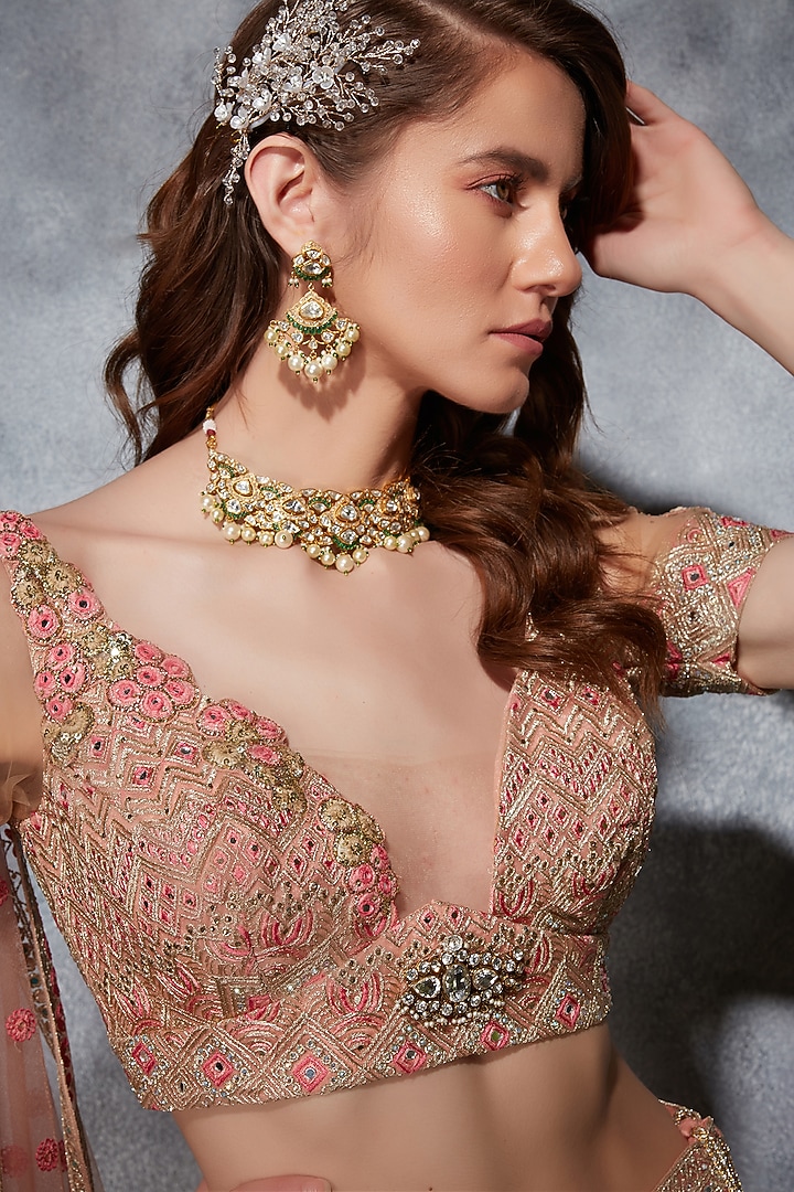 Blush Pink Tulle Thread & Zari Embroidered Bridal Lehenga Set by Saaj By Ankita at Pernia's Pop Up Shop