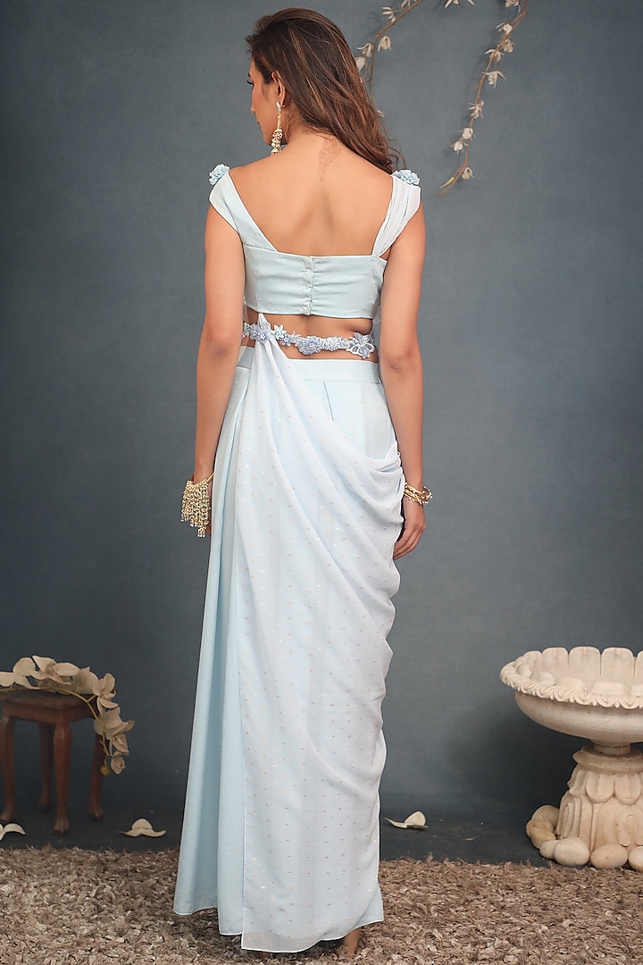 Sky Blue Sandwash Satin Pant Wedding Saree Set by Saaj By Ankita at Pernia's Pop Up Shop