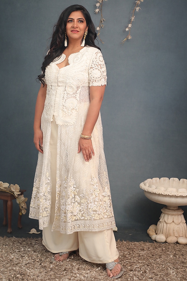 White Net & Crepe Embroidered Jacket Set by Saaj By Ankita