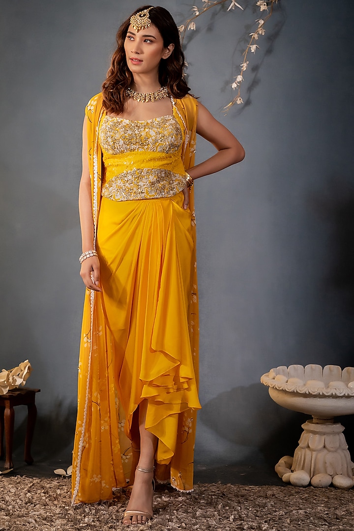 Yellow Satin Crepe Draped Skirt Set by Saaj By Ankita