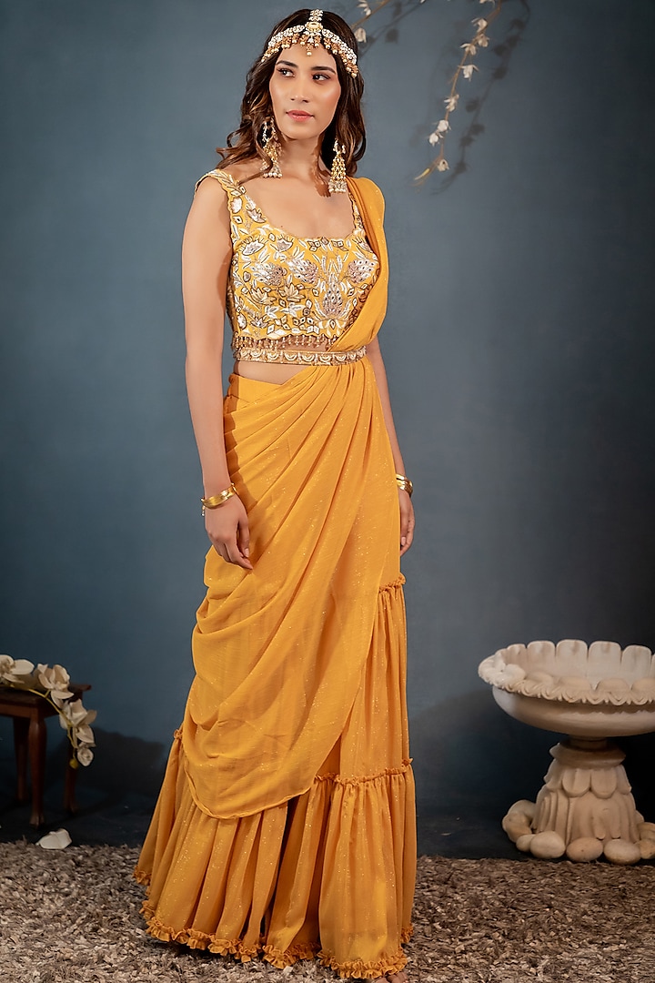 Mustard Lurex Georgette Draped Sharara Set by Saaj By Ankita