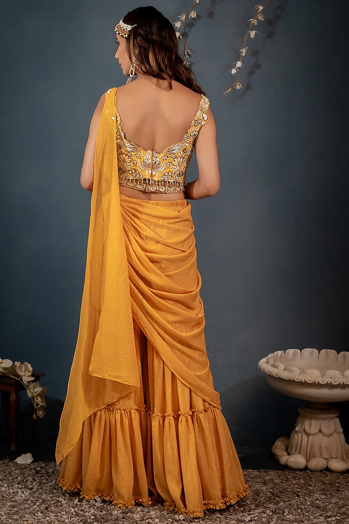 Mustard Lurex Georgette Draped Wedding Sharara Set by Saaj By Ankita at Pernia's Pop Up Shop