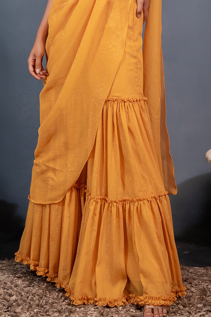 Mustard Lurex Georgette Draped Wedding Sharara Set by Saaj By Ankita at Pernia's Pop Up Shop