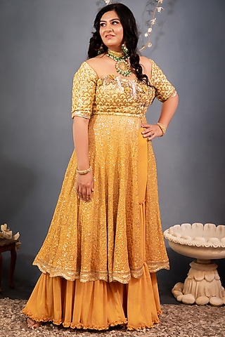 Mustard Georgette Embroidered Anarkali Set by Saaj By Ankita