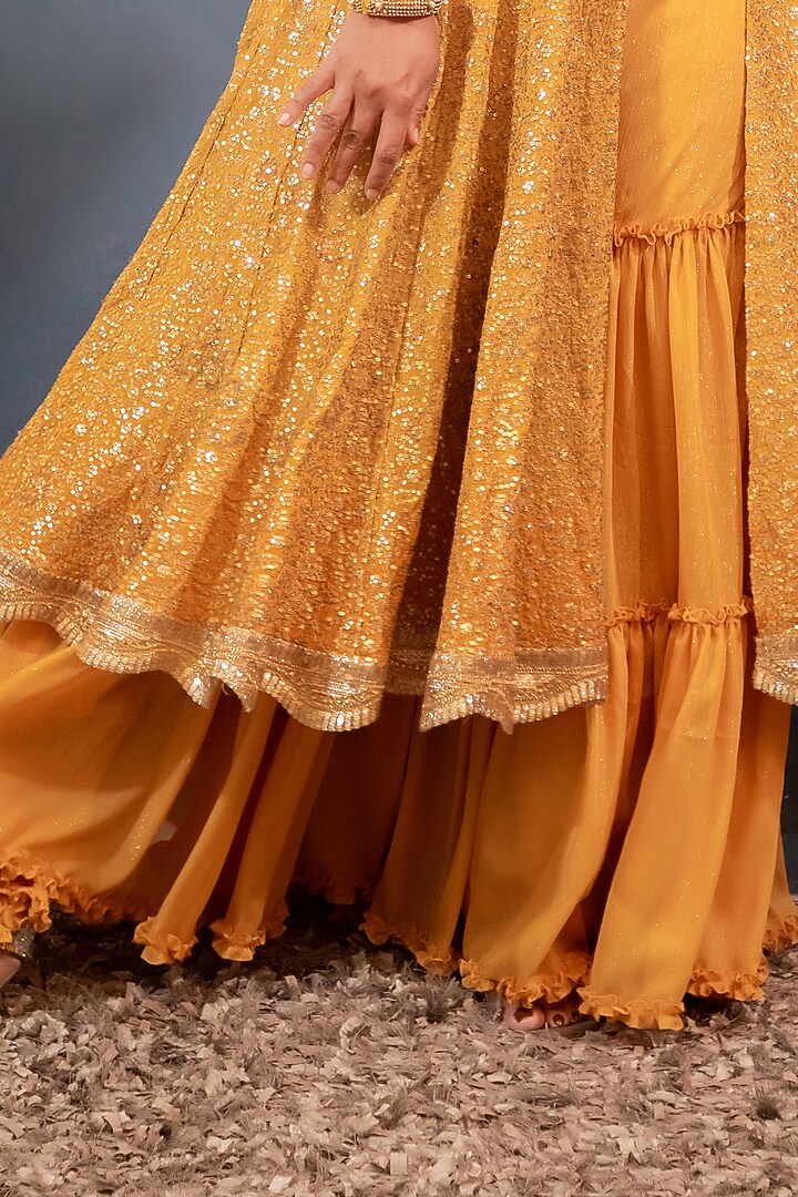 Mustard Georgette Embroidered Wedding Anarkali Set by Saaj By Ankita at Pernia's Pop Up Shop